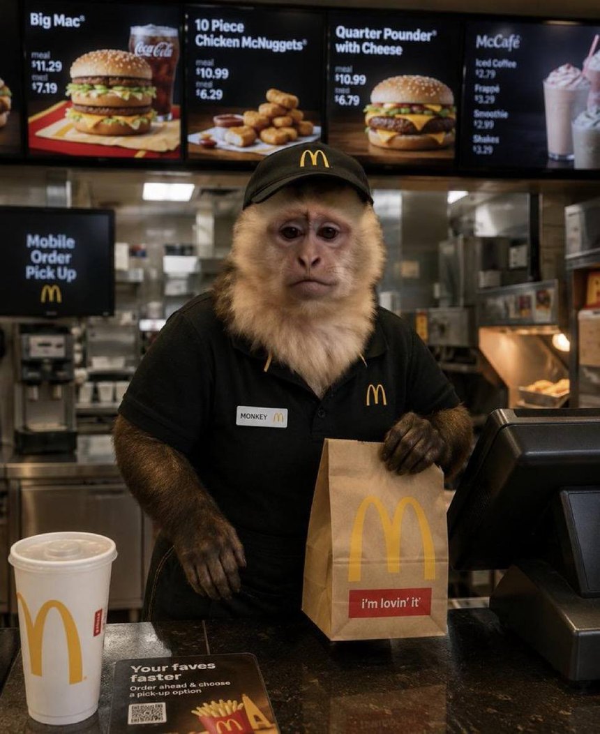 Wage monkey working behind a fast food counter