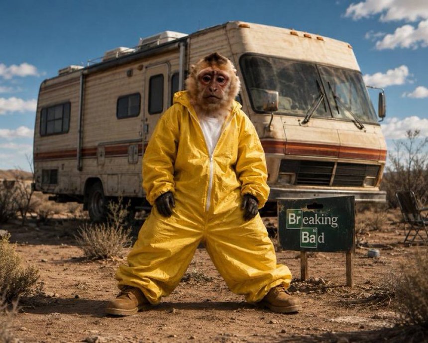 Wage monkey in a yellow hazmat suit beside an RV in the desert