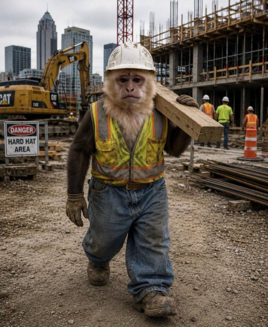 Wage monkey in a hard hat carrying lumber on a building site